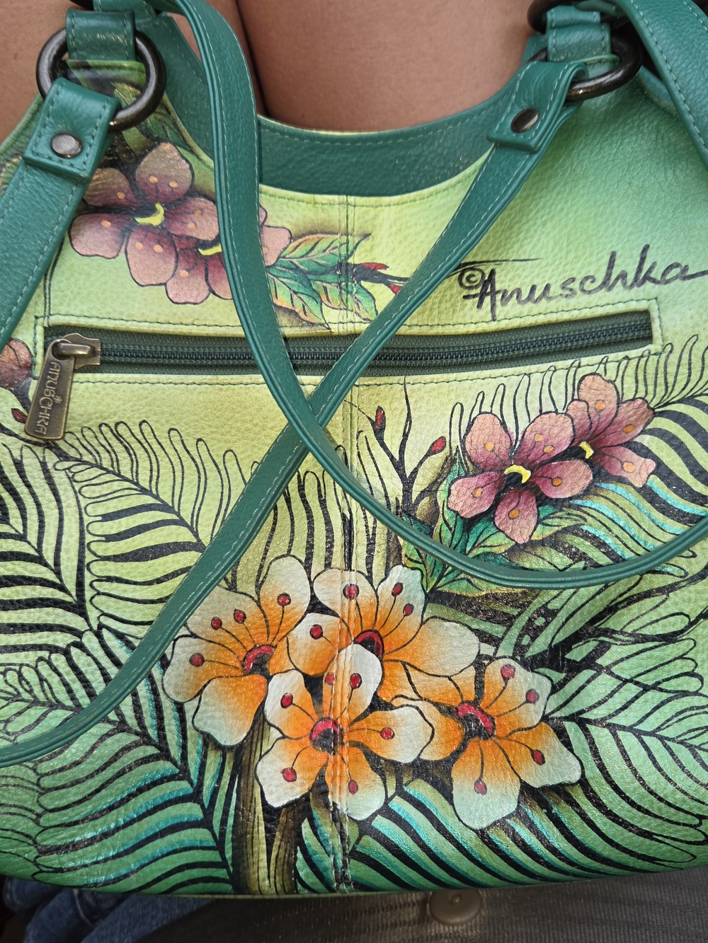 Anuschka Green Hand-Painted Floral Shoulder Bag